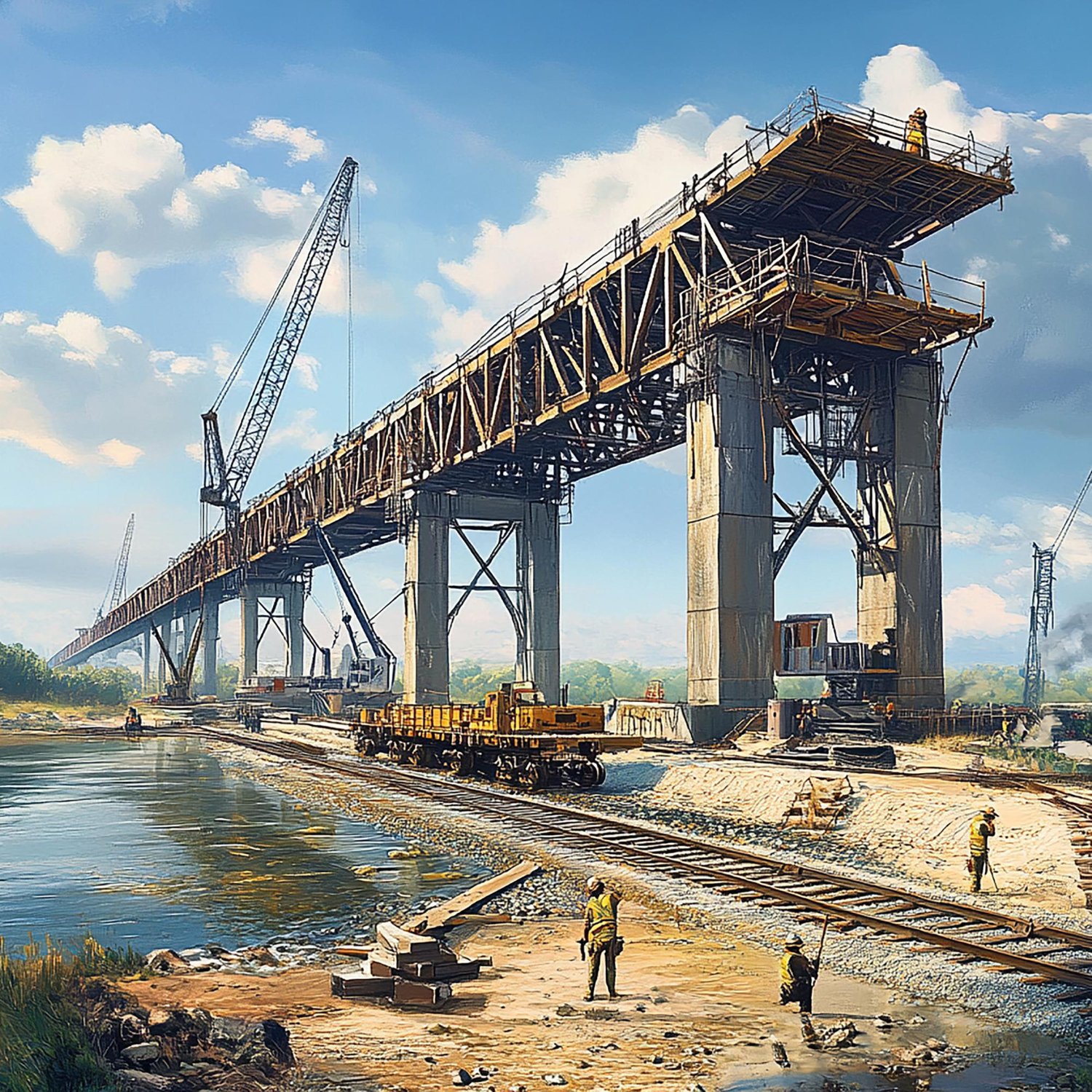 Erected girders and concrete spans of major highway bridge